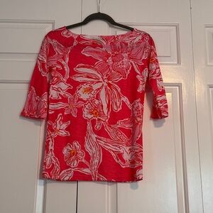 Lilly Pulitzer Pink and White Floral Scoop Neck Three Quarters Sleeve Tee